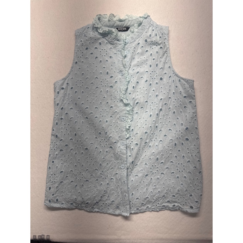 BTFBM Women Blue Eyelet Sleeveless Ruffle Button Down Blouse Top Size M 8558